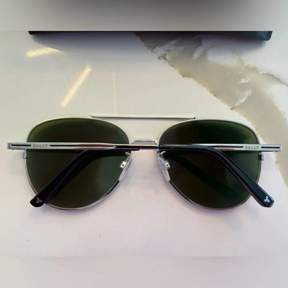 BALLY Italy Silver Aviator Sunglasses - Dark Green Lens